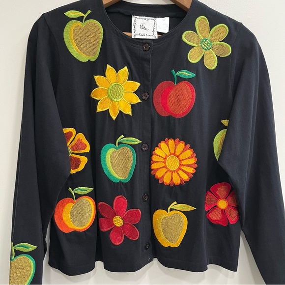 Michael Simon "lite" Black Cardigan Jacket Embroidered Fruit Novelty Print Large - Picture 5 of 8